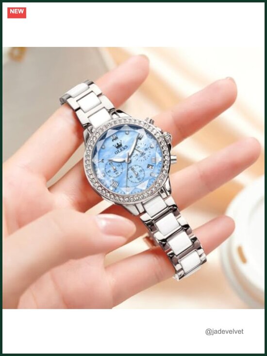 Women Ceramic Chronograph Watch with Diamond Faceted Crystal, Rose Gold